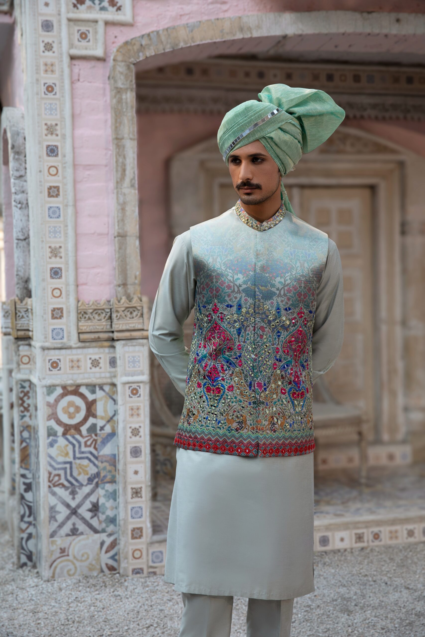 Olive Green Mirror Embroidered Cotton Silk Waistcoat Kurta (4-Piece) - Image 1