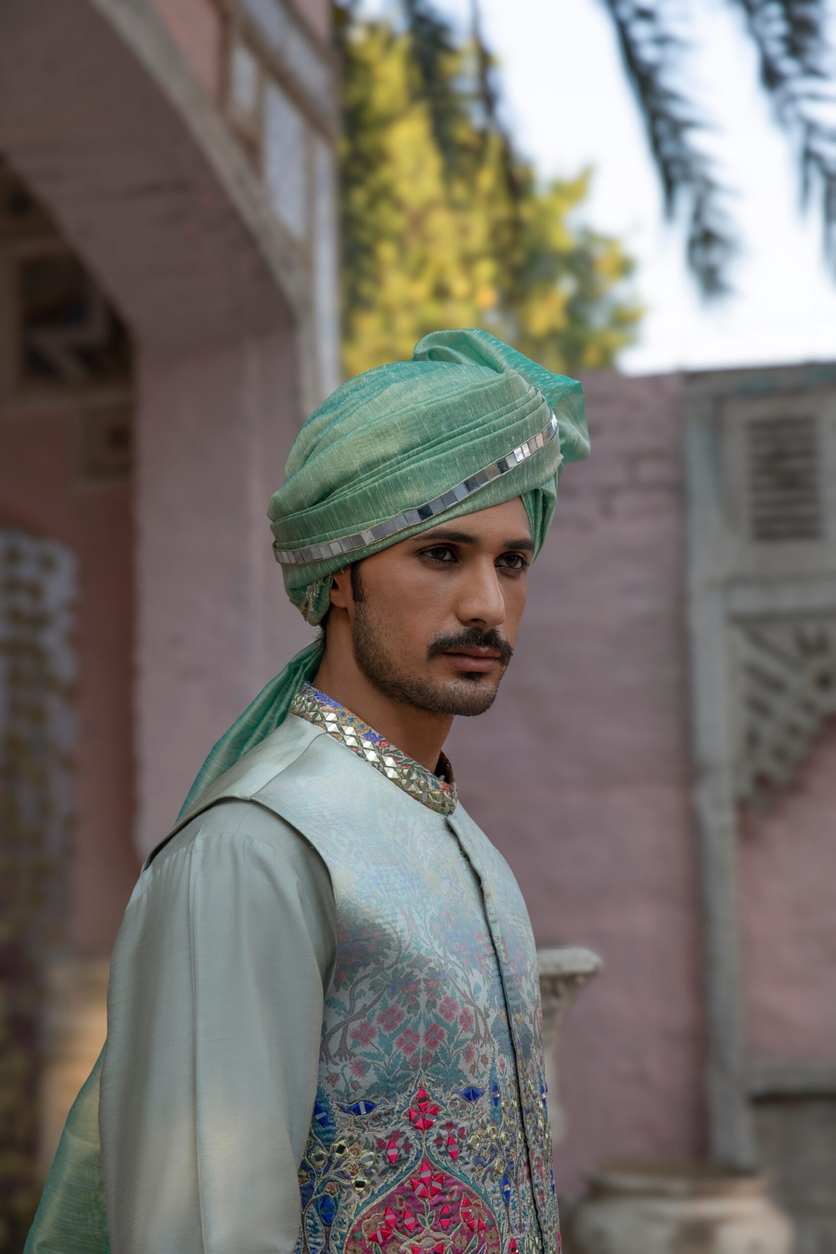 Olive Green Mirror Embroidered Cotton Silk Waistcoat Kurta (4-Piece) - Image 2