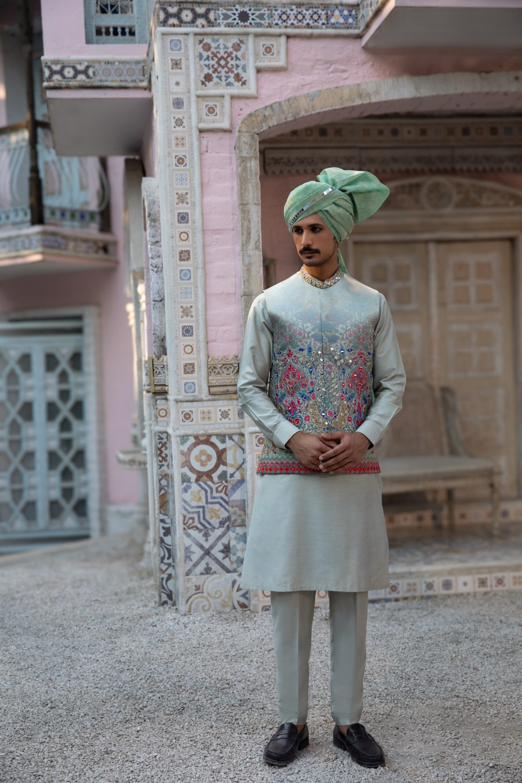 Olive Green Mirror Embroidered Cotton Silk Waistcoat Kurta (4-Piece) - Image 3