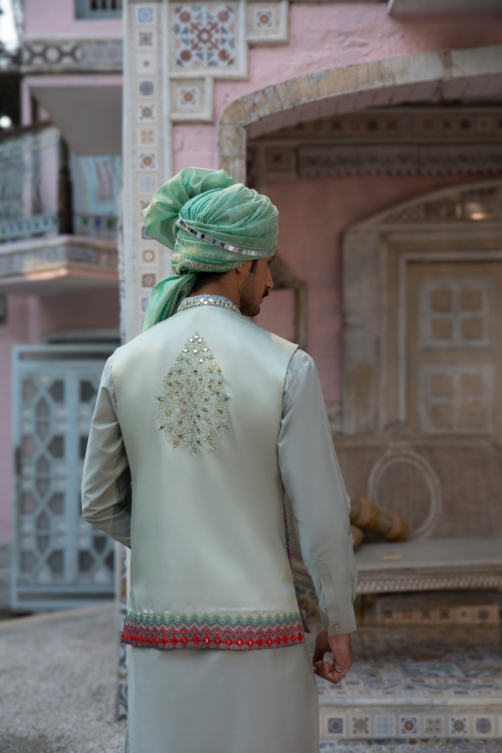 Olive Green Mirror Embroidered Cotton Silk Waistcoat Kurta (4-Piece) - Image 4