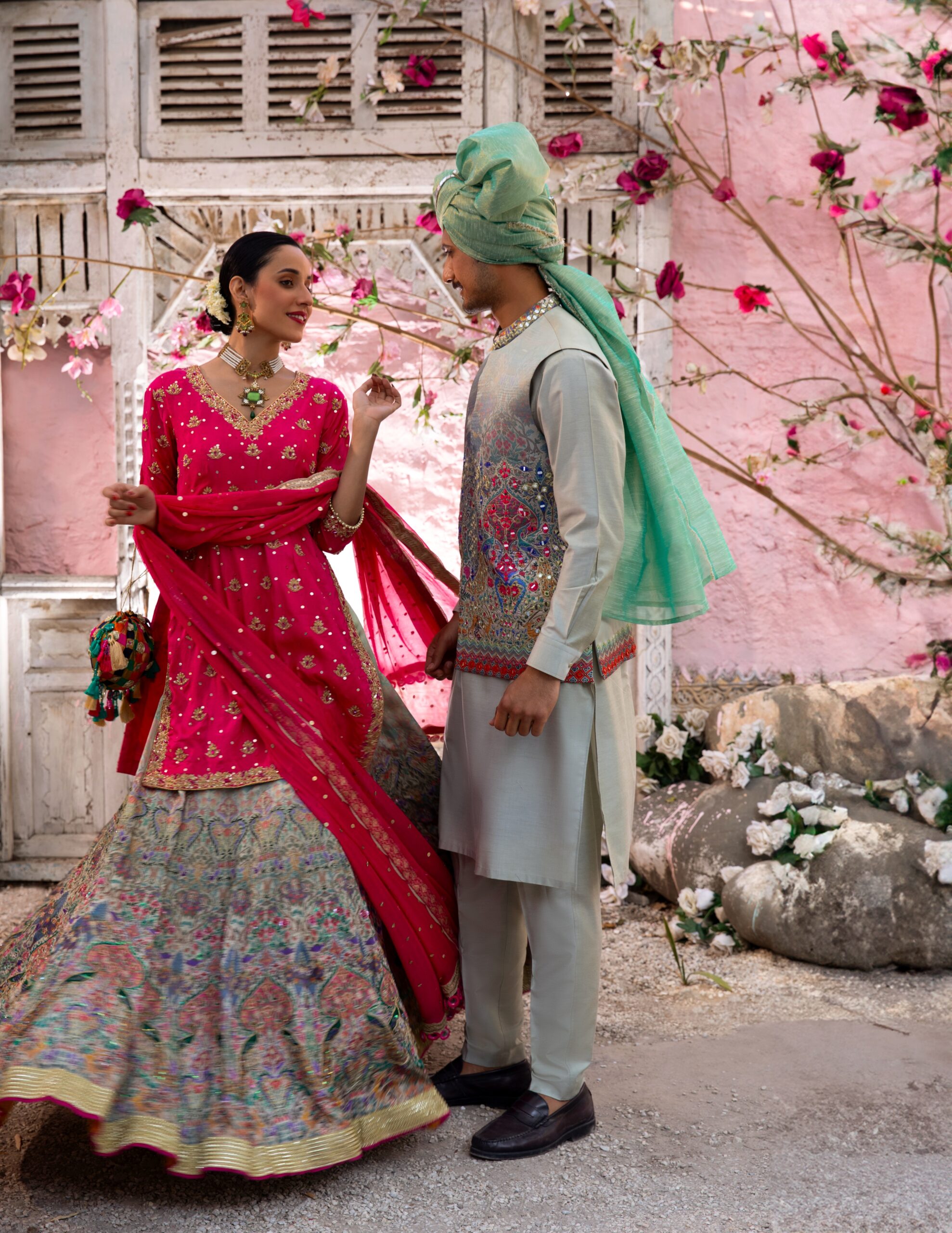 Olive Green Mirror Embroidered Cotton Silk Waistcoat Kurta (4-Piece) - Image 6