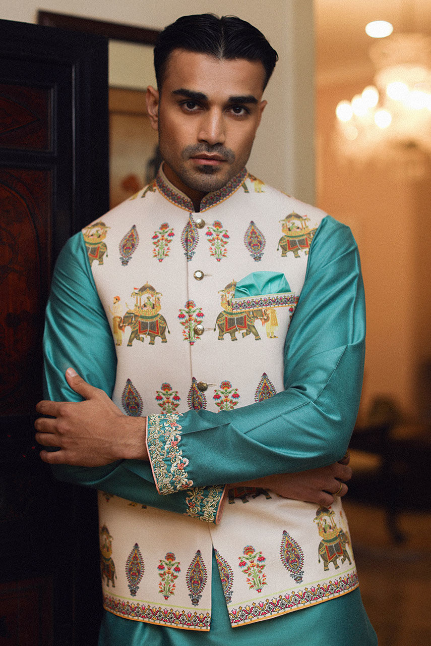 Sea Green Embroidered Cotton Silk Waistcoat Kurta (3-Piece) - Image 2