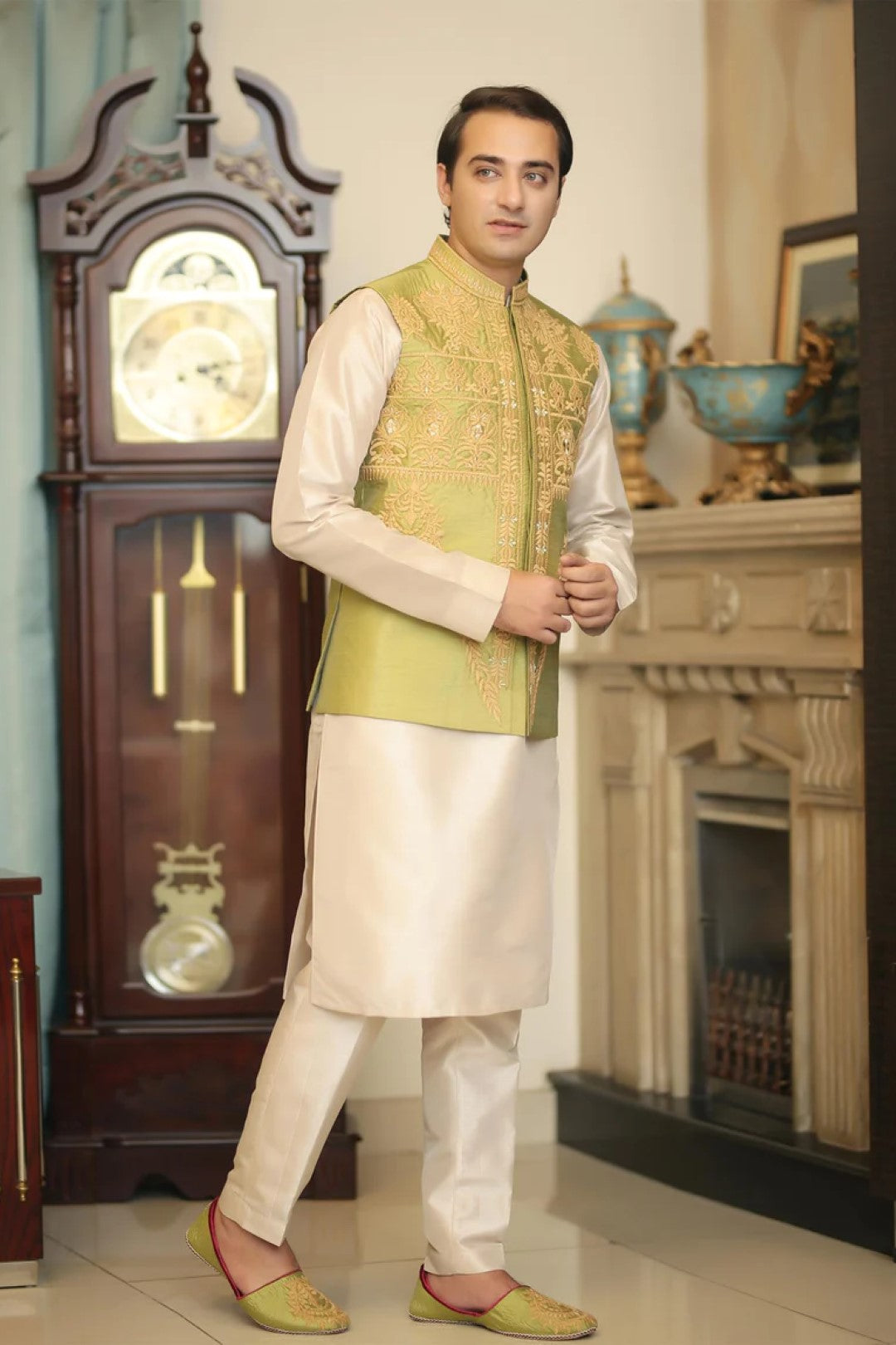 Apple Green Embroidered Cotton Silk Waistcoat (3-Piece) - Image 2