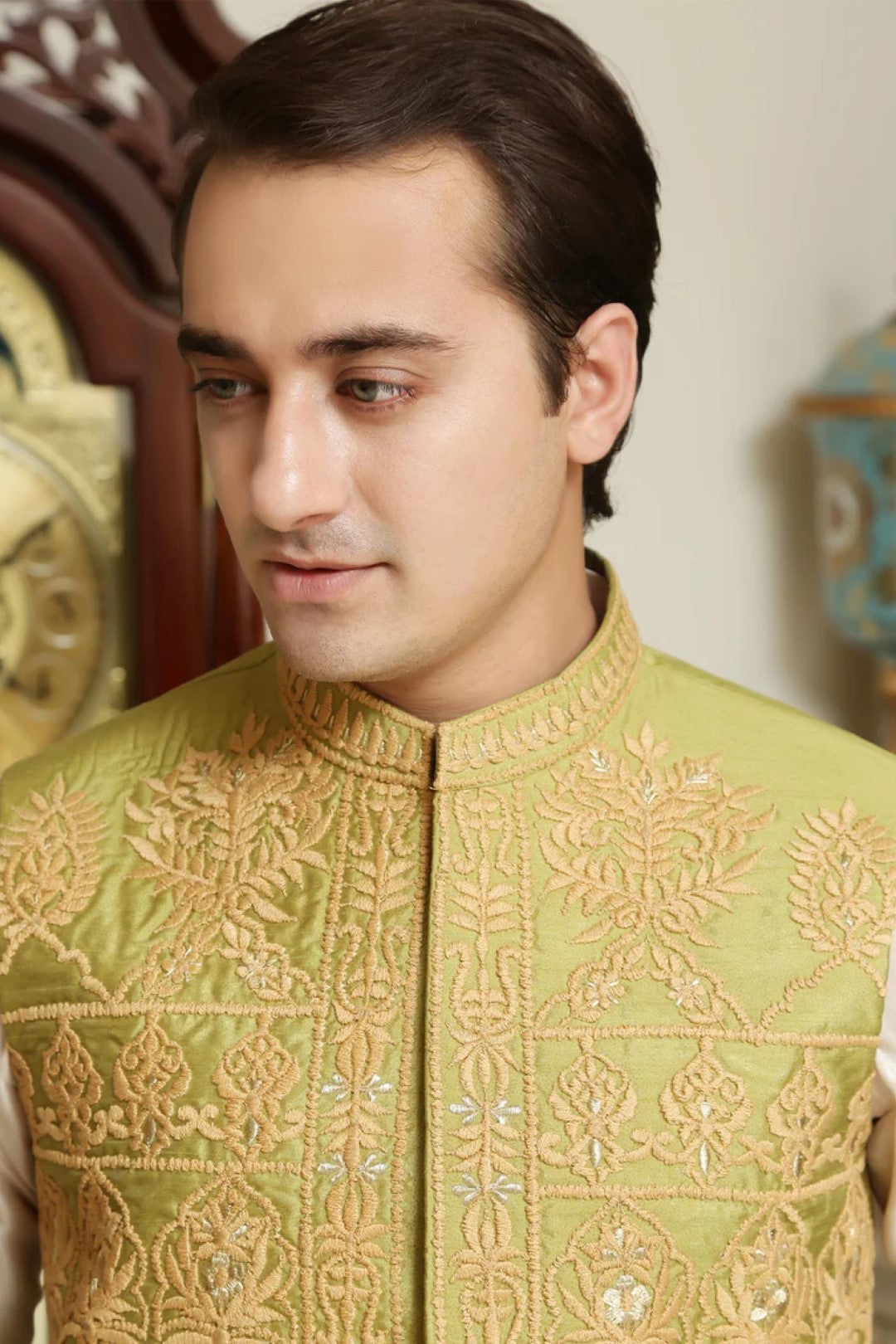 Apple Green Embroidered Cotton Silk Waistcoat (3-Piece) - Image 4