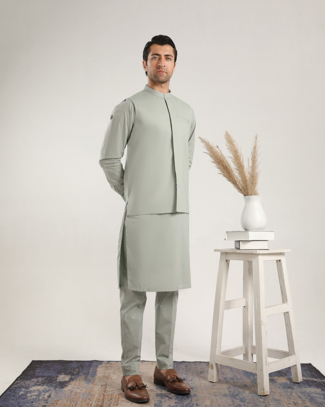 Light Mint Cotton Waistcoat Kurta Set (3-Piece) - Image 1