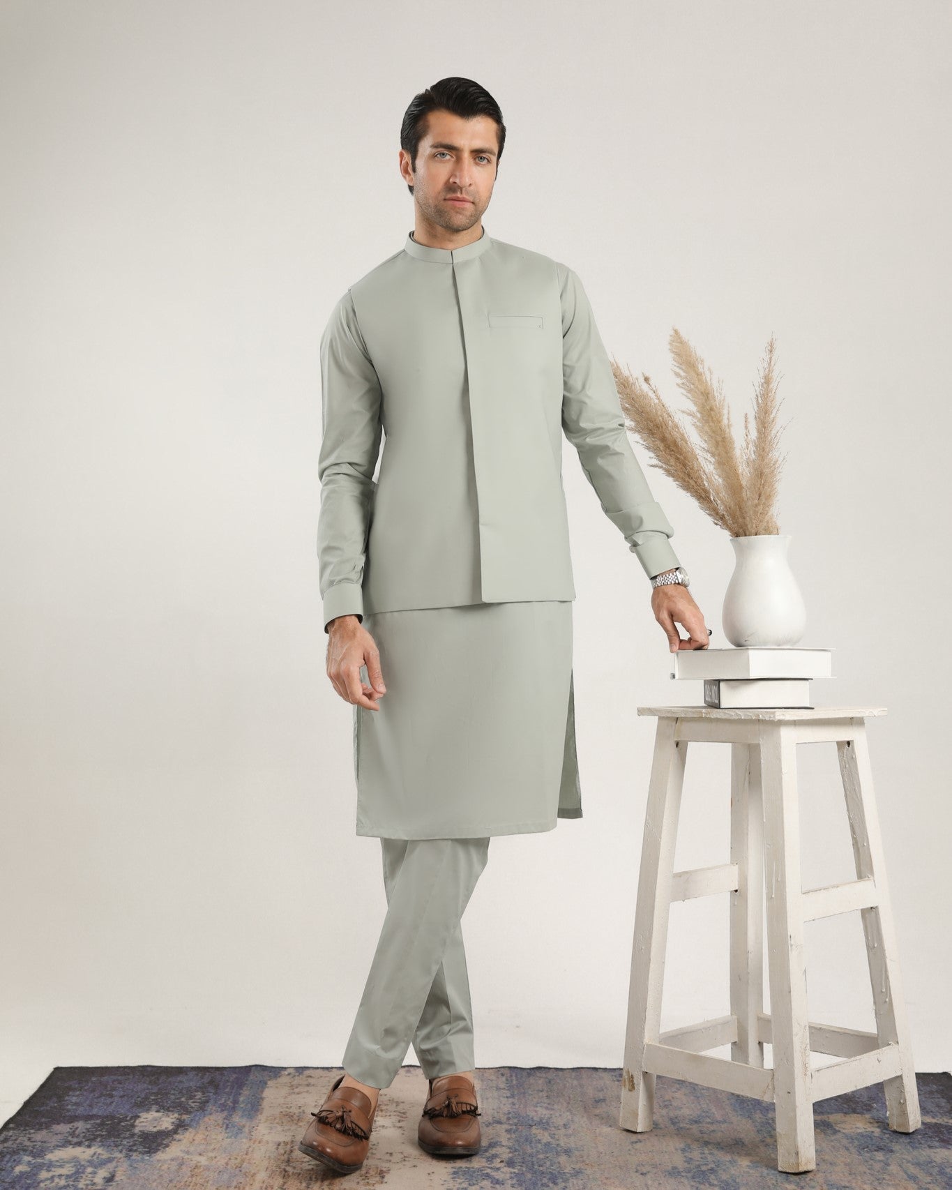 Light Mint Cotton Waistcoat Kurta Set (3-Piece) - Image 3