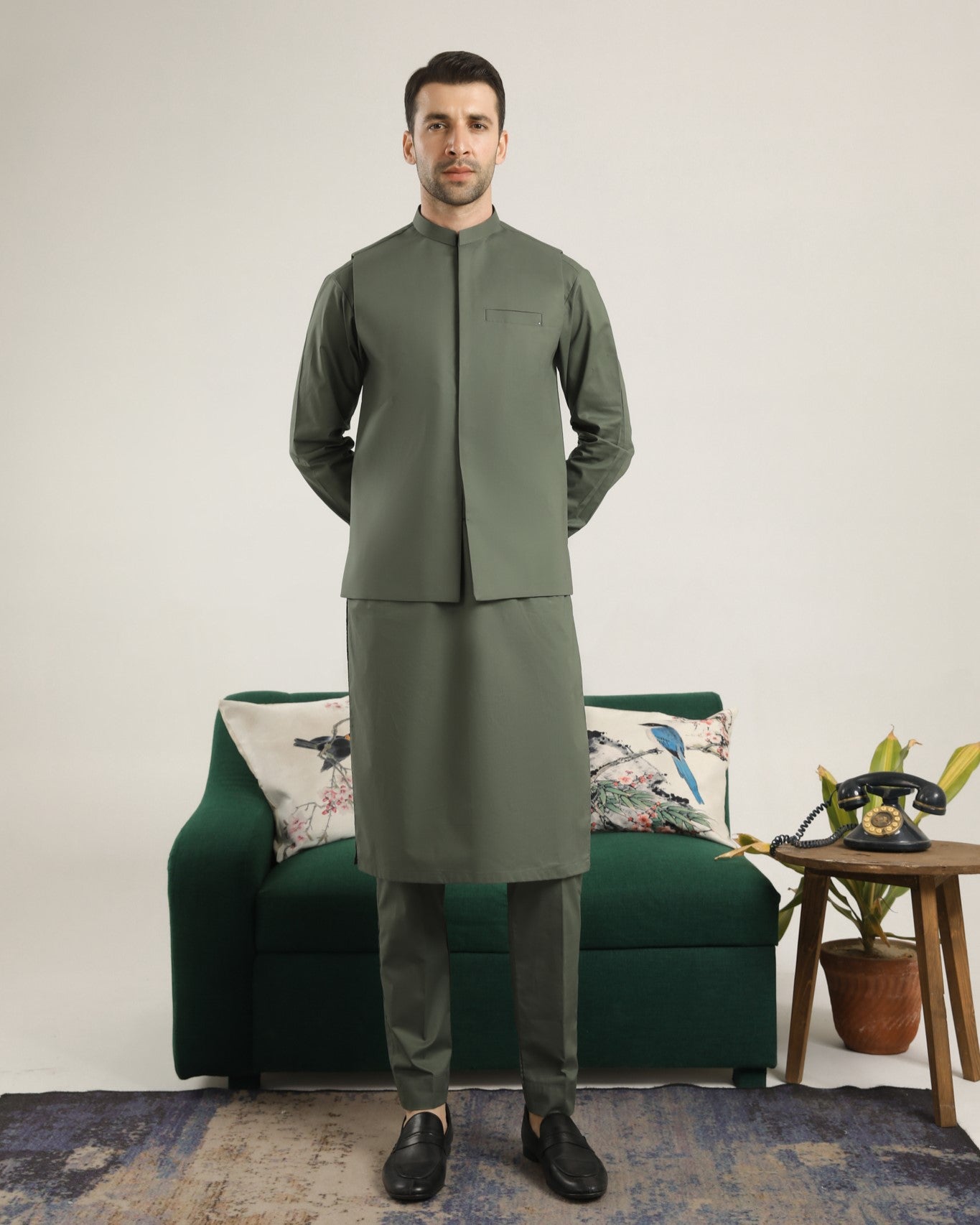 Army Green Cotton Waistcoat Kurta Set (3-Piece) - Image 2