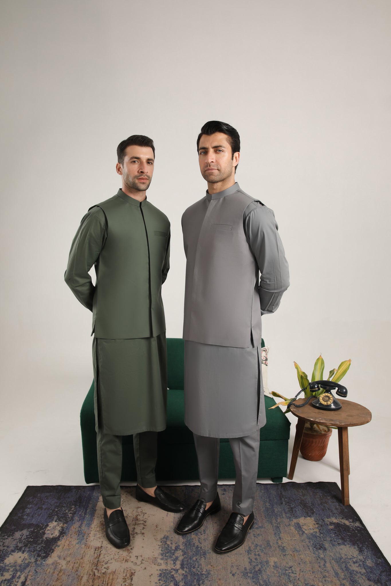 Army Green Cotton Waistcoat Kurta Set (3-Piece) - Image 4