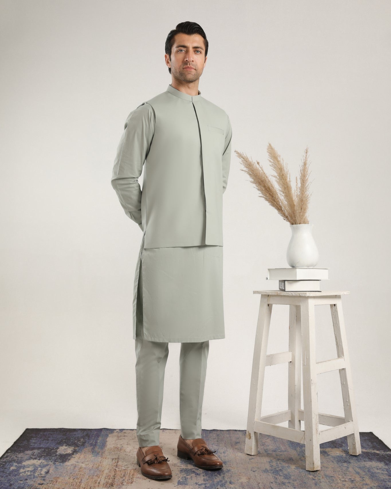 Light Mint Cotton Waistcoat Kurta Set (3-Piece) - Image 3