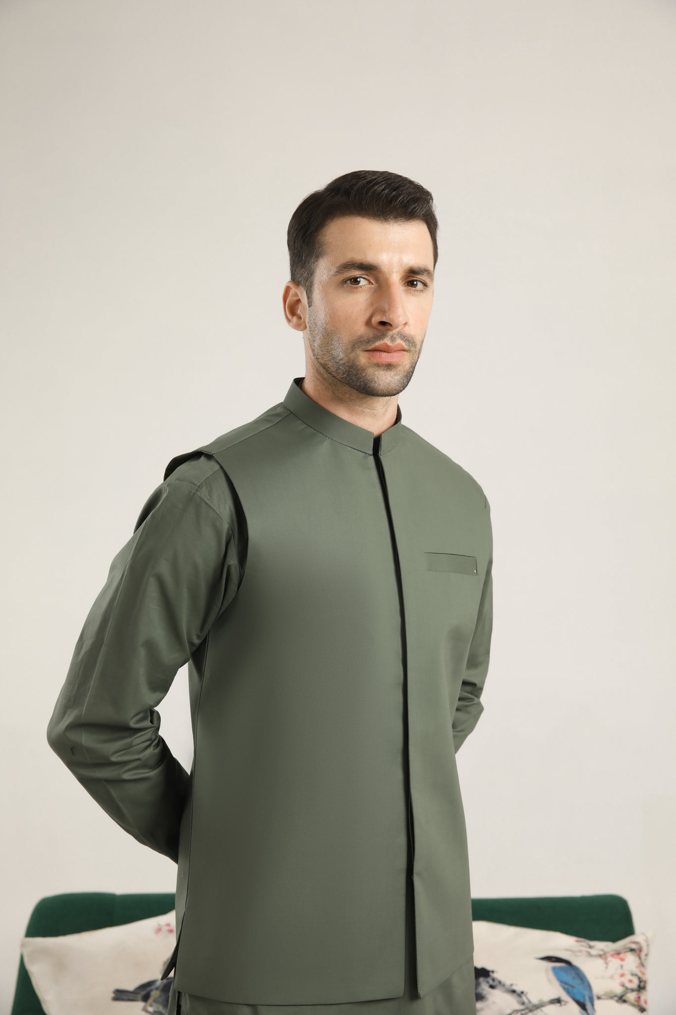Army Green Cotton Waistcoat Kurta Set (3-Piece) - Image 1