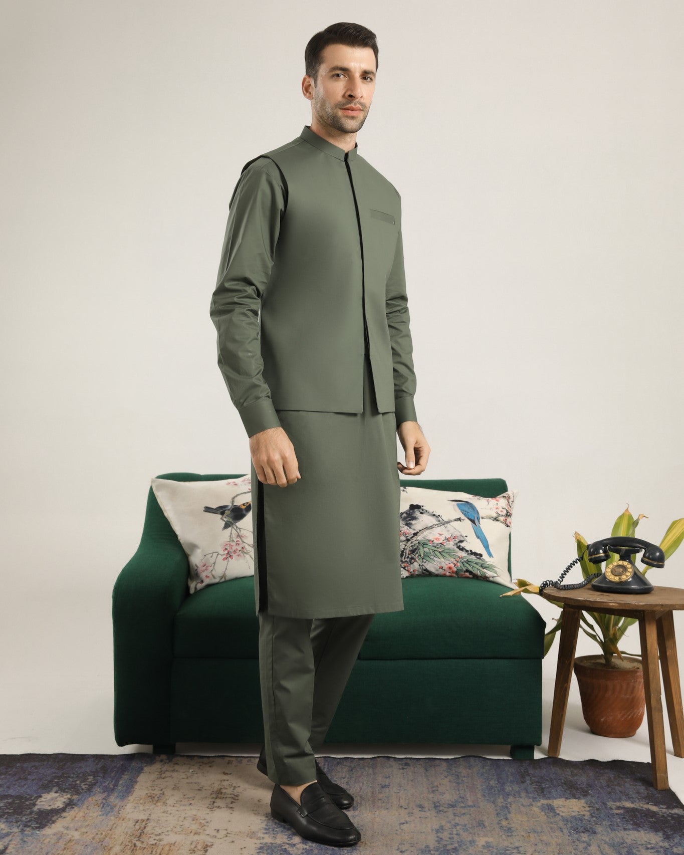 Army Green Cotton Waistcoat Kurta Set (3-Piece) - Image 2