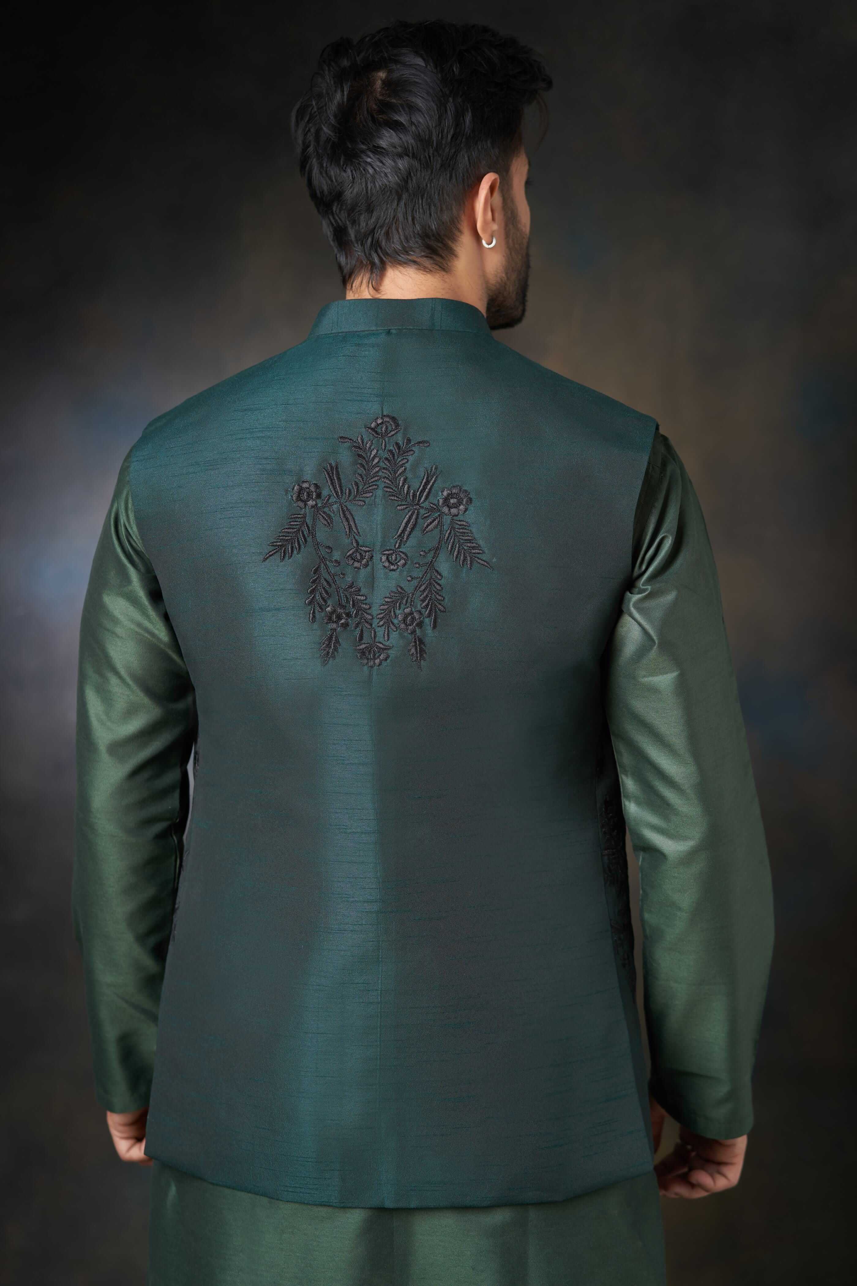 Emerald Green Embroidered Cotton Waistcoat Kurta (3-Piece) - Image 2