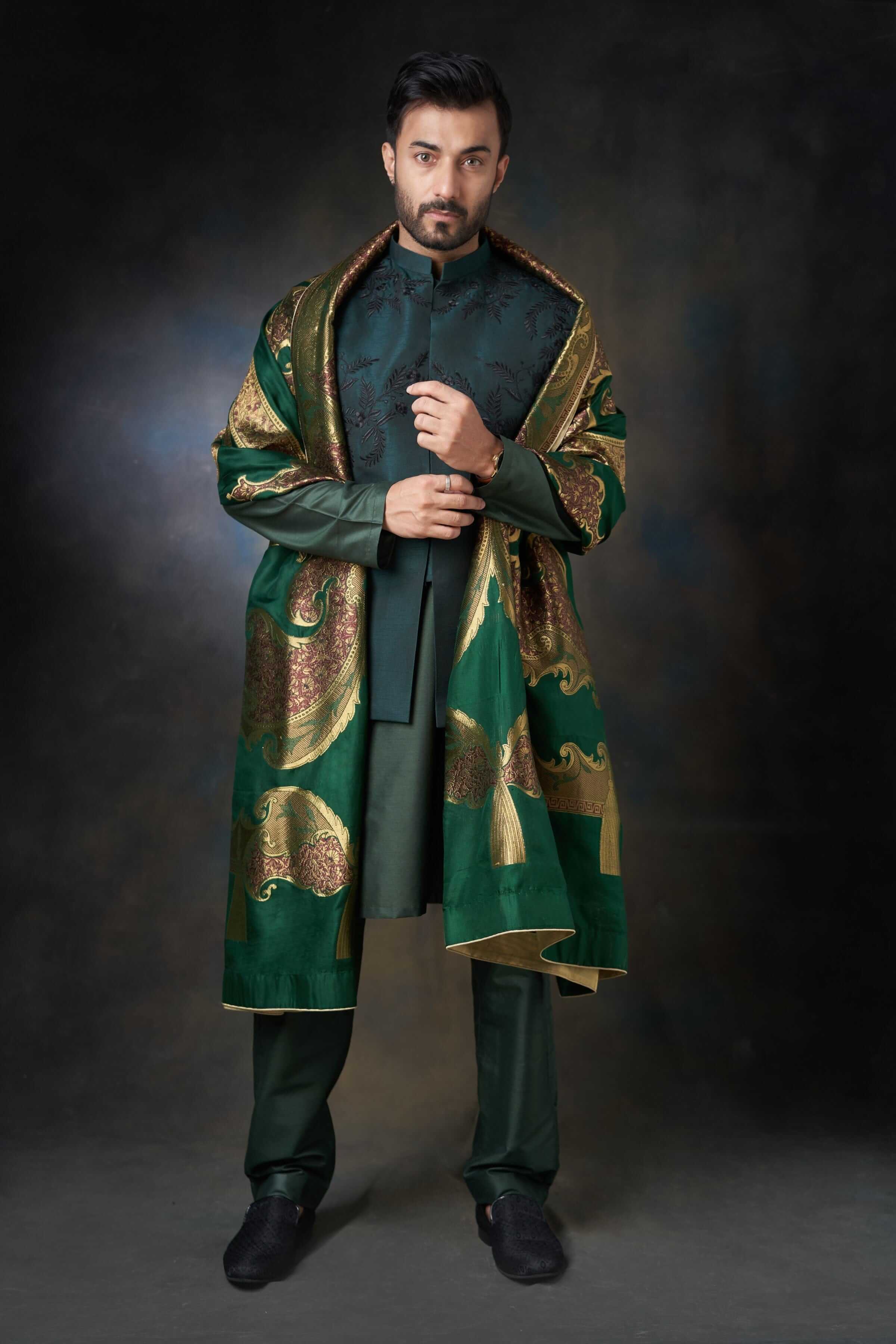 Emerald Green Embroidered Cotton Waistcoat Kurta (3-Piece) - Image 6
