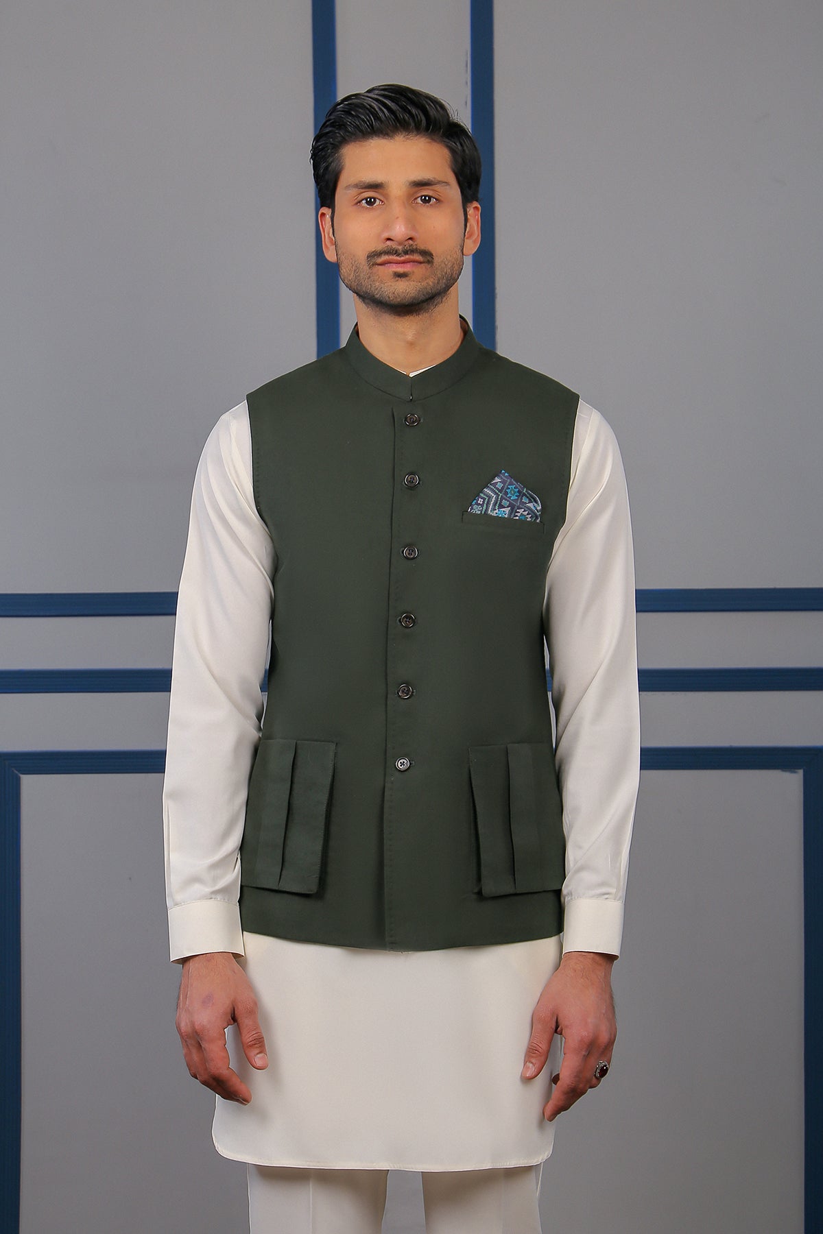 MI Green Stitched Cotton Waistcoat (3-Piece) - Image 1