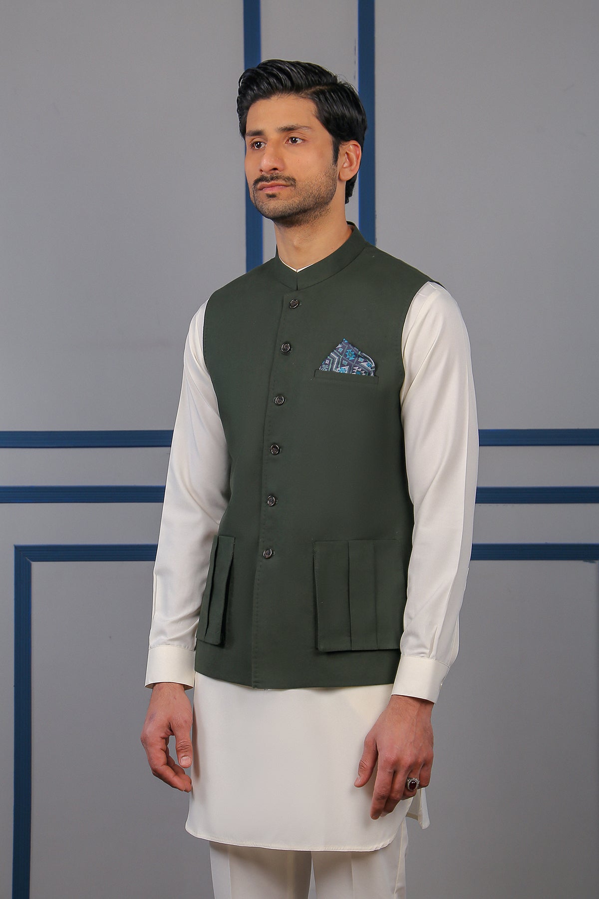 MI Green Stitched Cotton Waistcoat (3-Piece) - Image 2