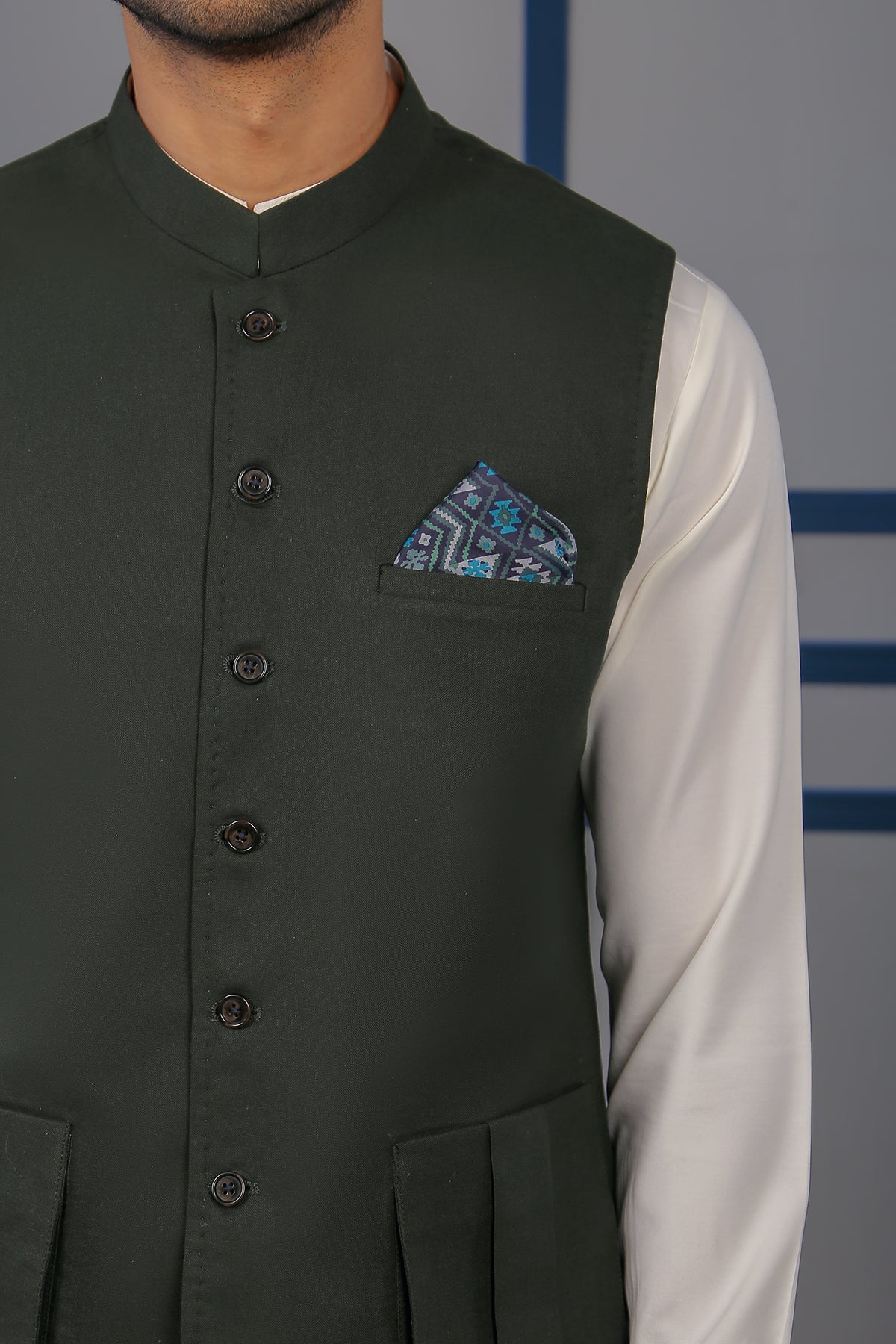 MI Green Stitched Cotton Waistcoat (3-Piece) - Image 3
