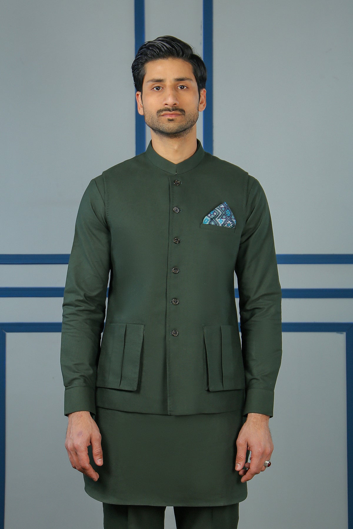 MI Green Stitched Cotton Waistcoat (3-Piece) - Image 4