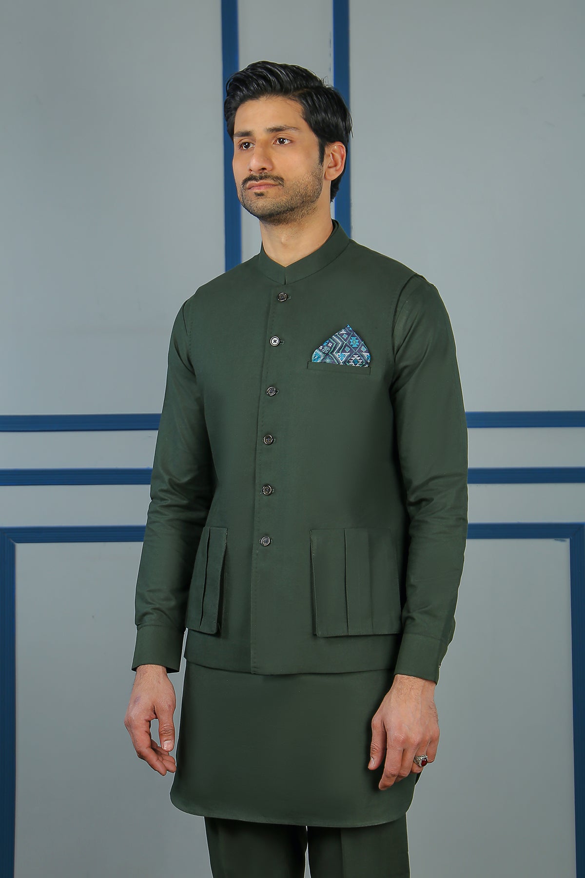 MI Green Stitched Cotton Waistcoat (3-Piece) - Image 5