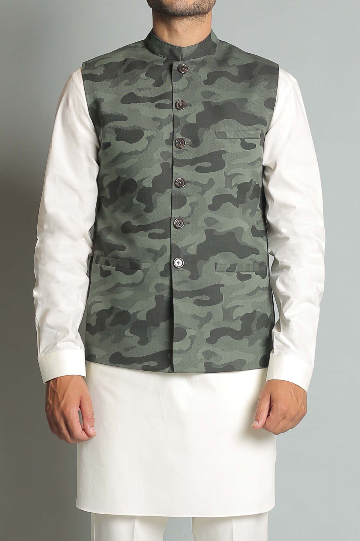 Army Green Jacquard Cotton Waistcoat Kurta (3-Piece) - Image 1