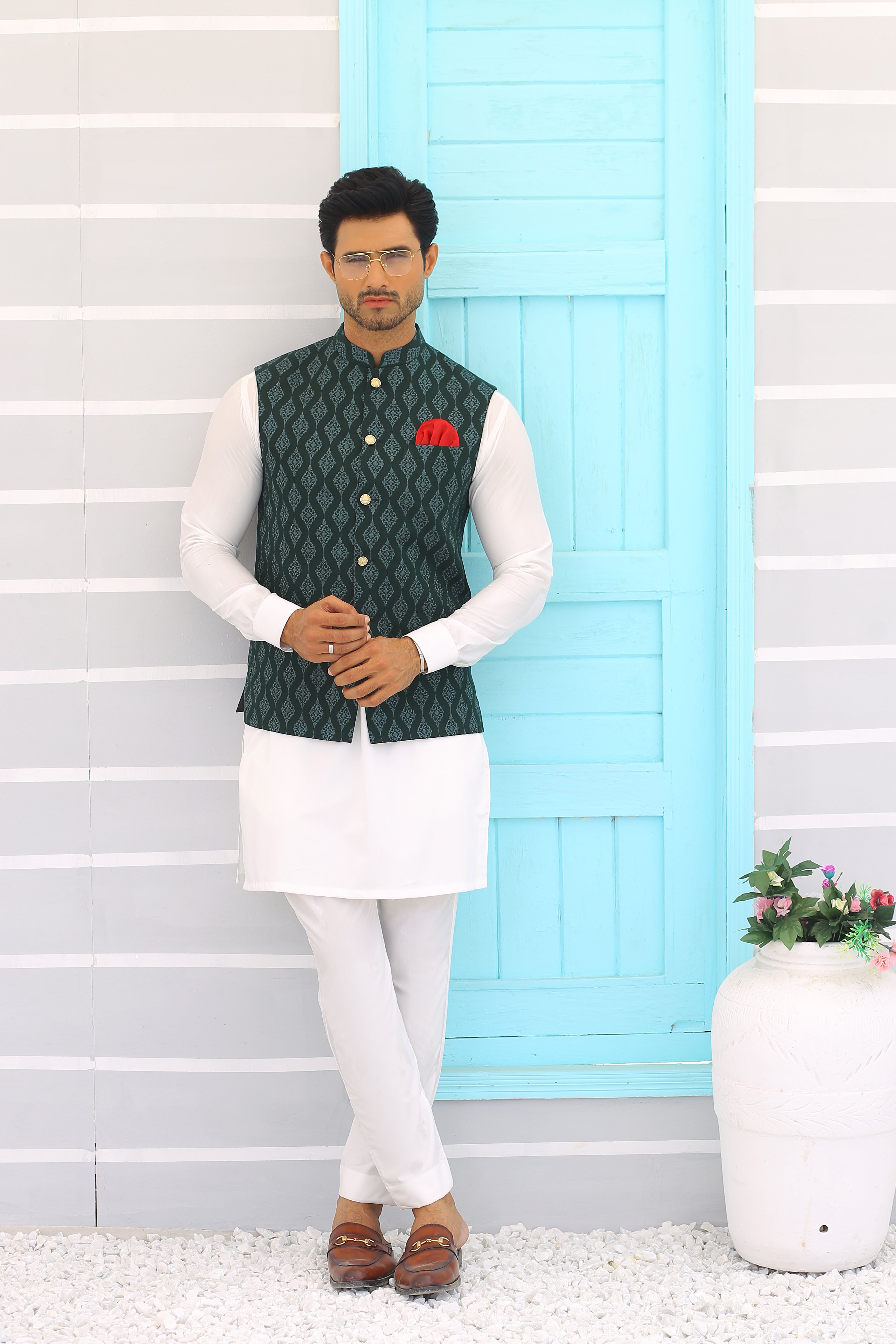 Green Woven Jacquard Waistcoat (3-Piece) - Image 1