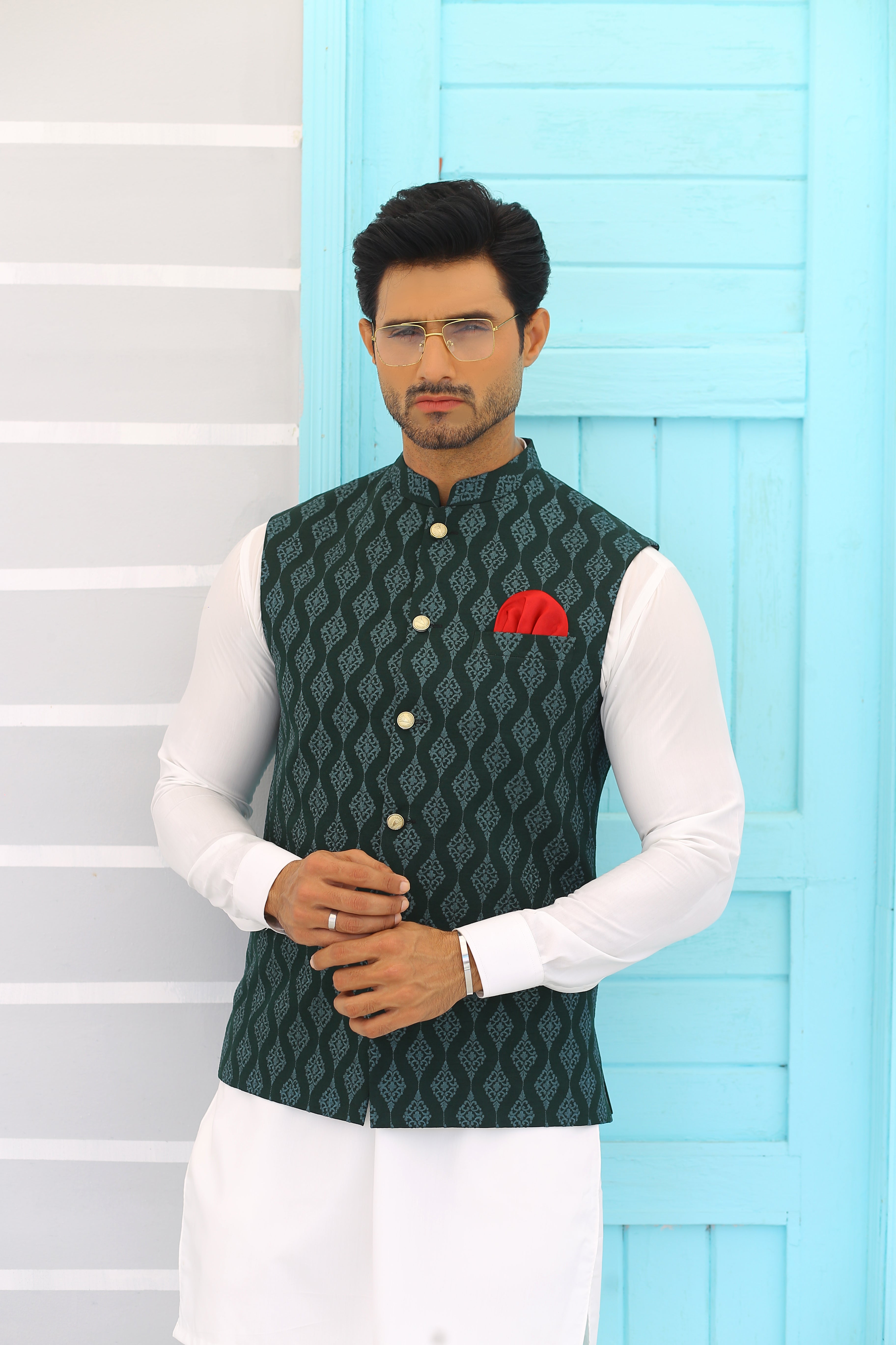 Green Woven Jacquard Waistcoat (3-Piece) - Image 3