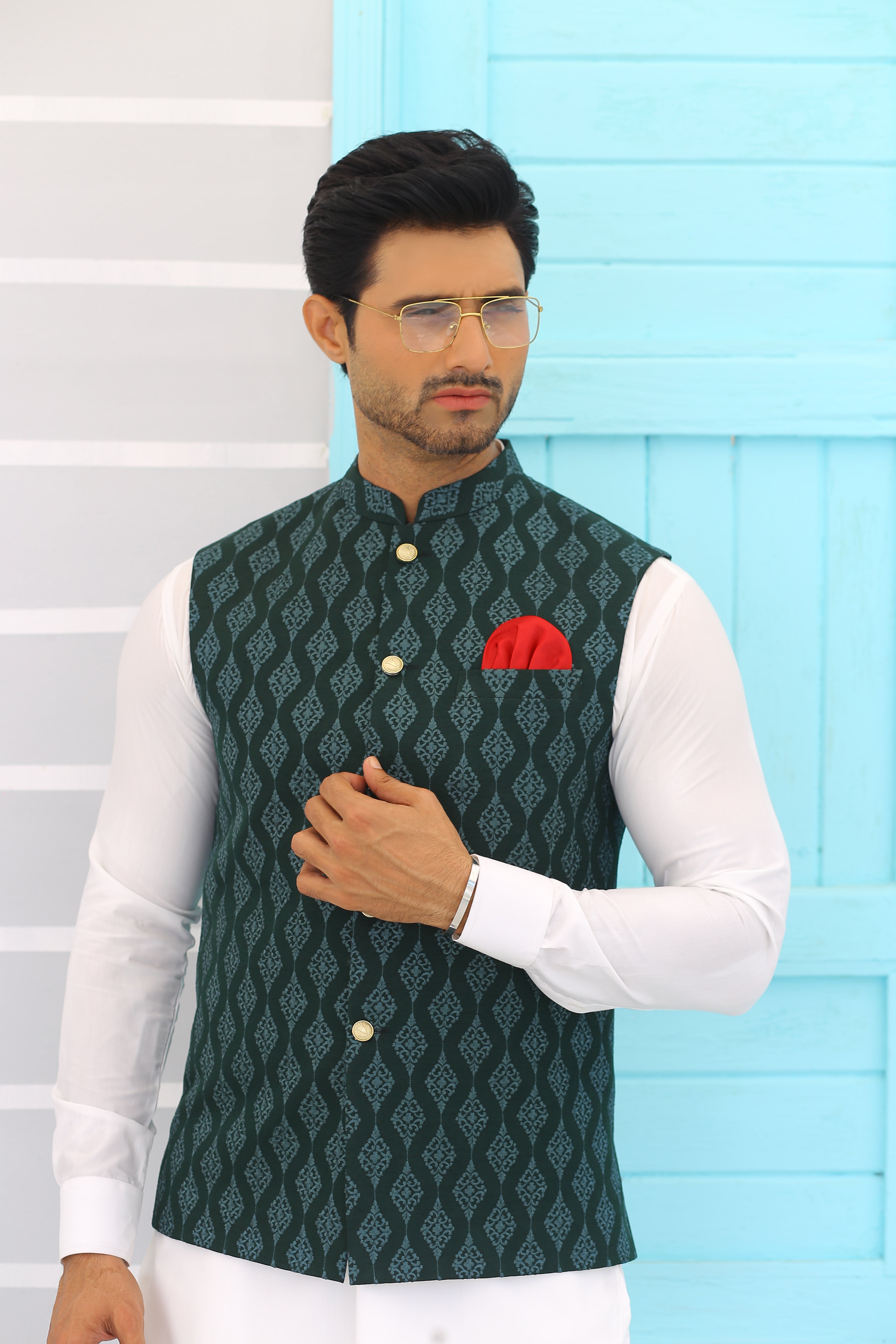 Green Woven Jacquard Waistcoat (3-Piece) - Image 4