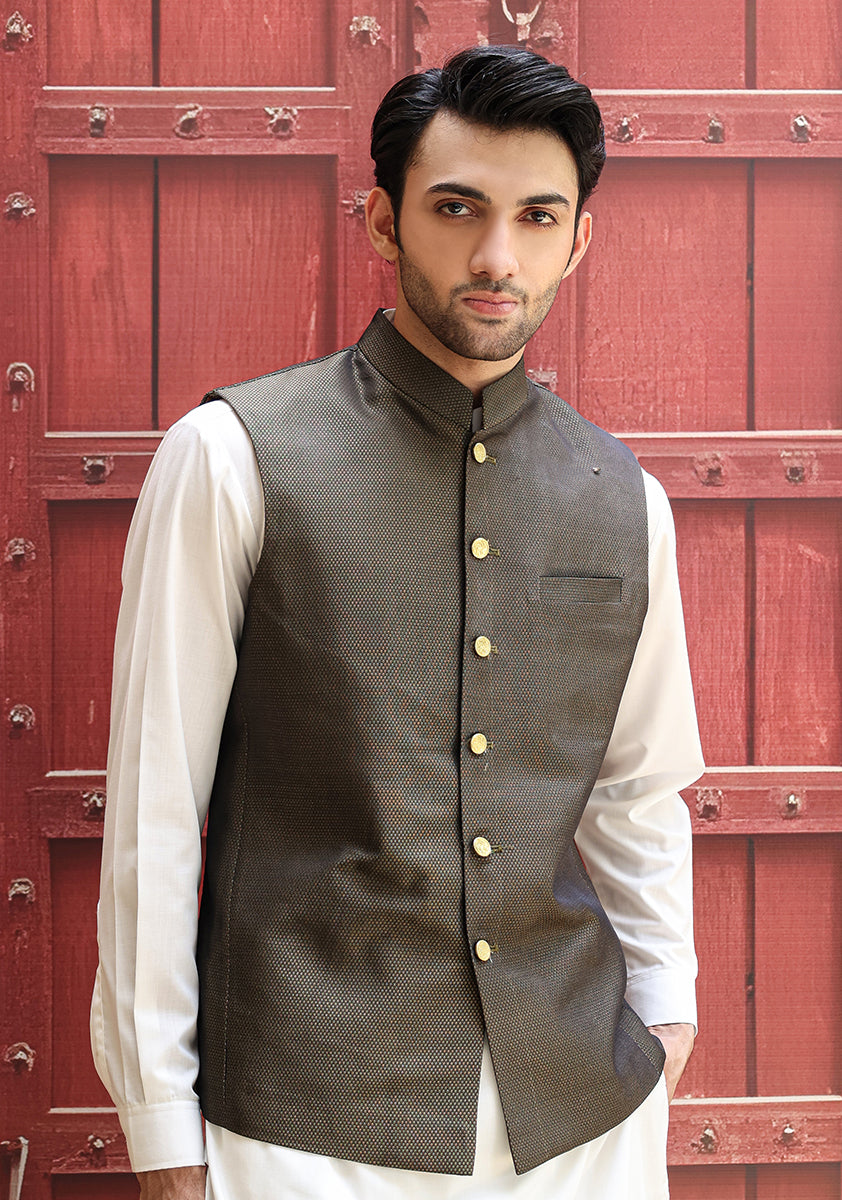 Deep Green Jamawar Waistcoat Kurta (2-Piece) - Image 1