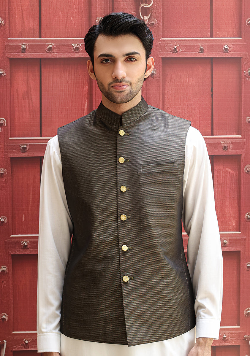Deep Green Jamawar Waistcoat Kurta (2-Piece) - Image 2