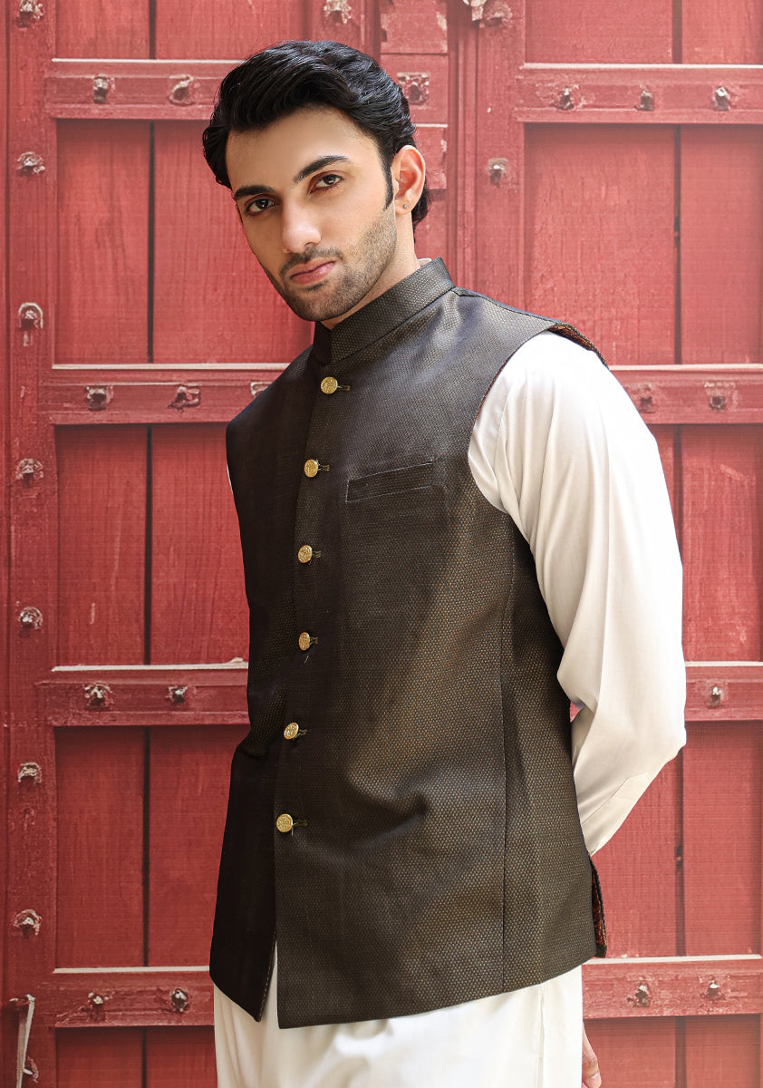 Deep Green Jamawar Waistcoat Kurta (2-Piece) - Image 3