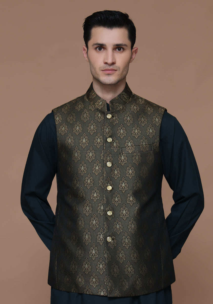 Green Woven Jamawar Waistcoat Kurta (2-Piece) - Image 1