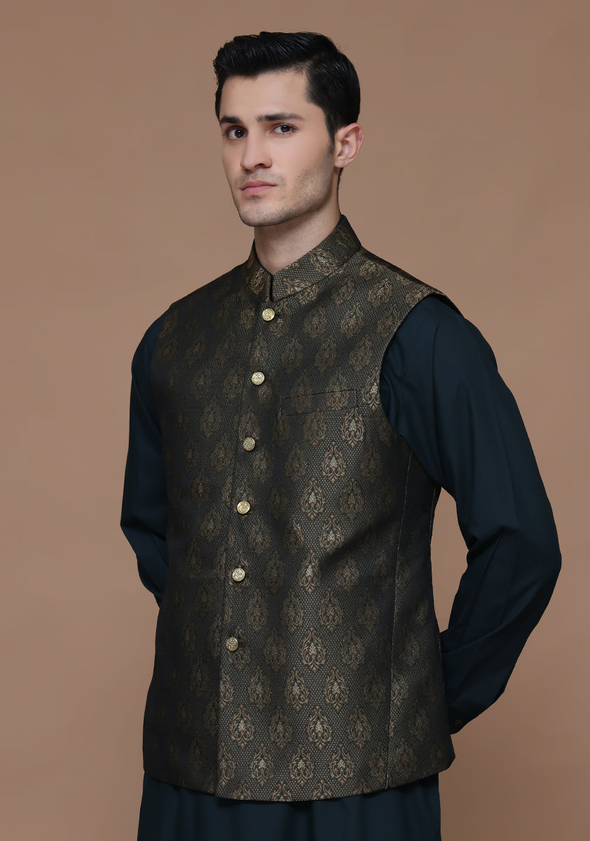 Green Woven Jamawar Waistcoat Kurta (2-Piece) - Image 2