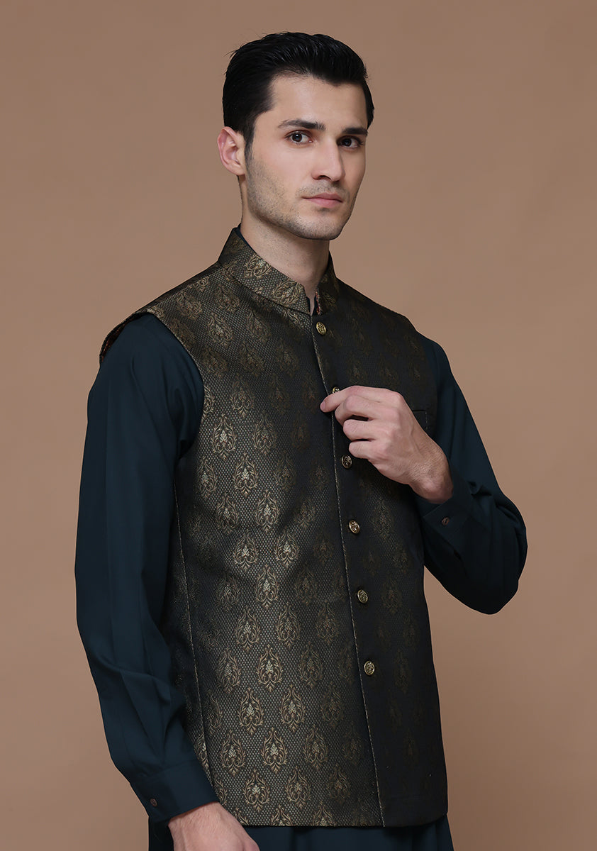 Green Woven Jamawar Waistcoat Kurta (2-Piece) - Image 3