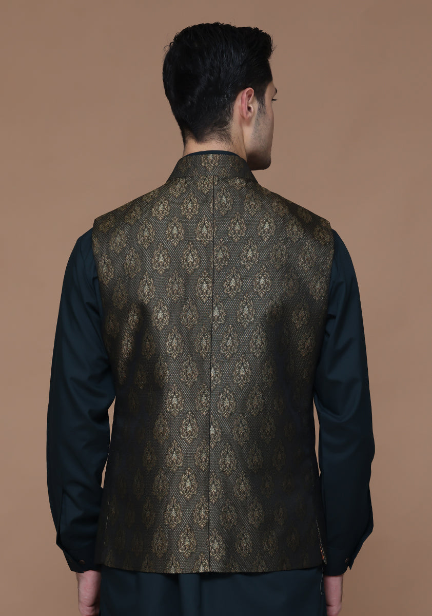 Green Woven Jamawar Waistcoat Kurta (2-Piece) - Image 4