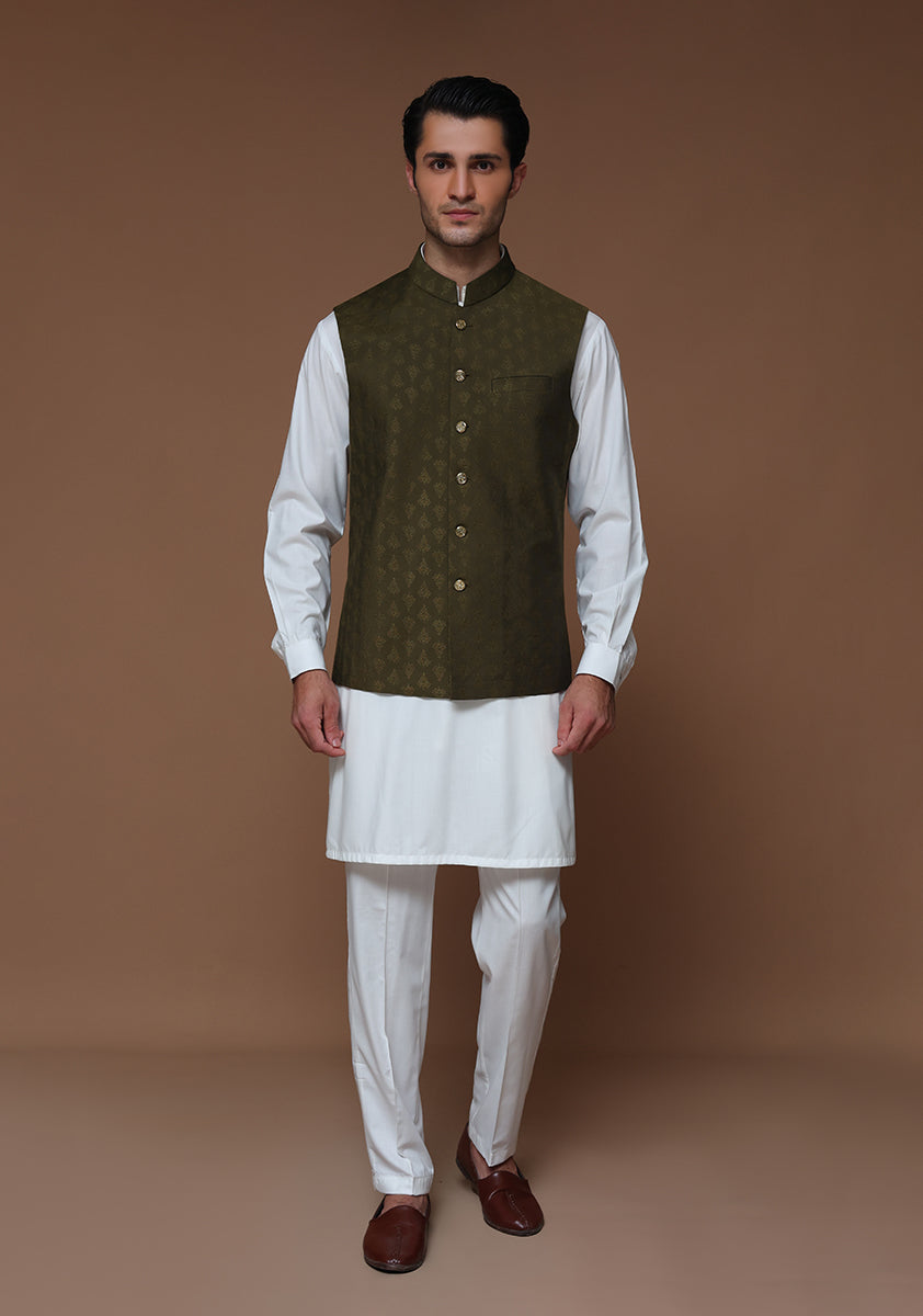 Olive Jamawar Waistcoat Kurta Set (3-Piece) - Image 1