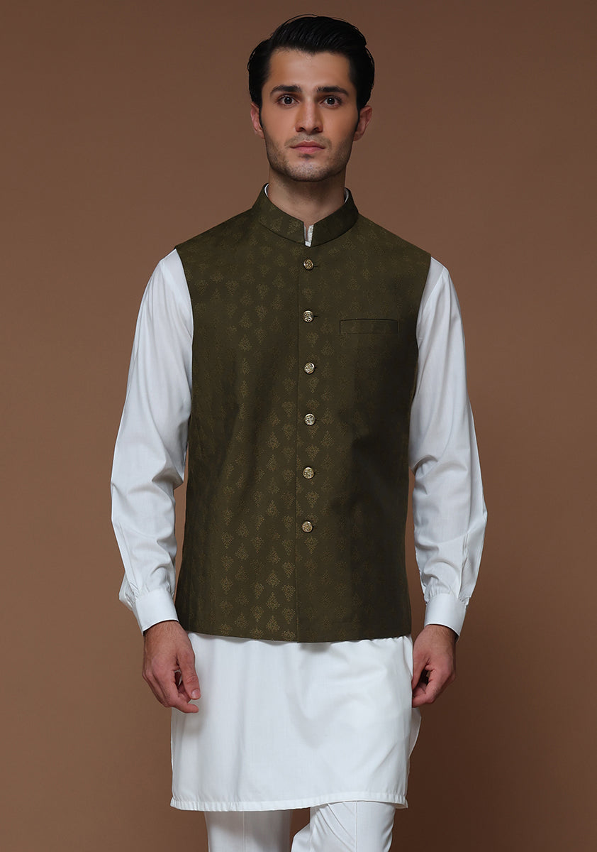 Olive Jamawar Waistcoat Kurta Set (3-Piece) - Image 2