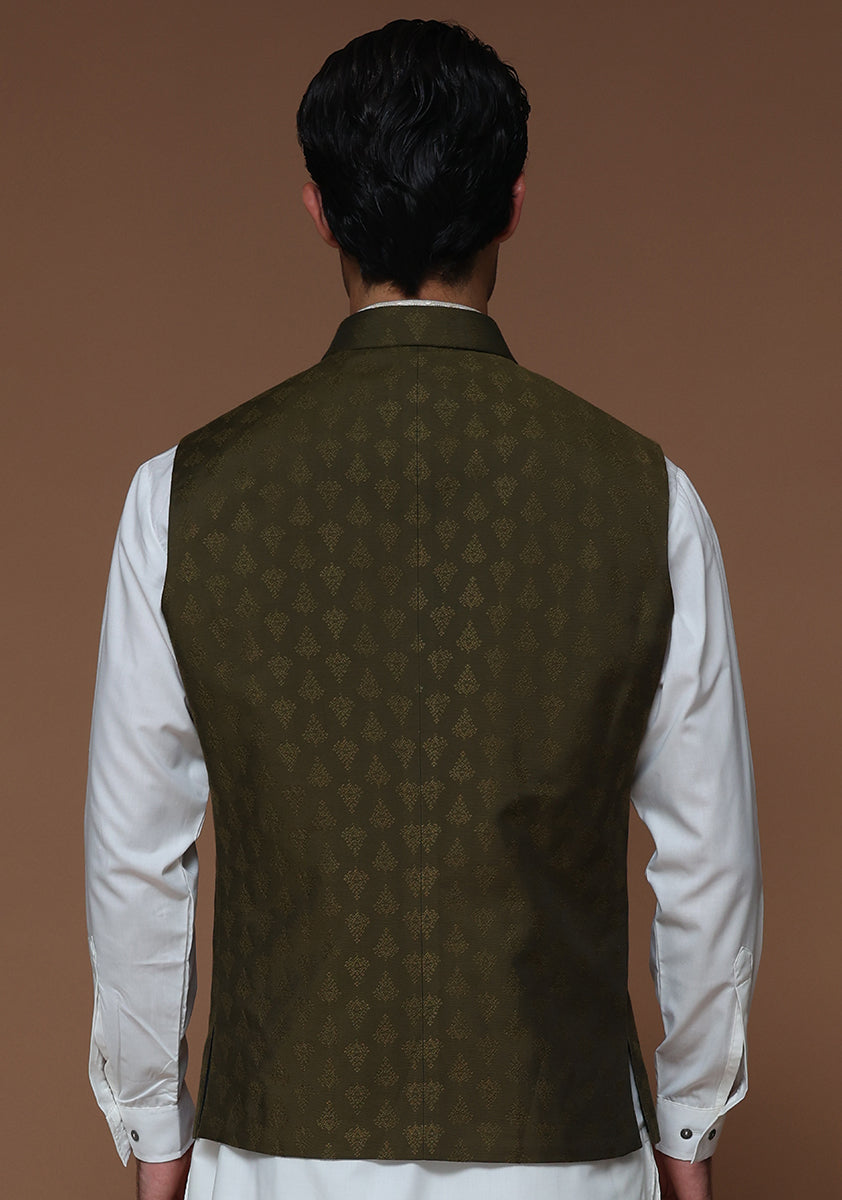 Olive Jamawar Waistcoat Kurta Set (3-Piece) - Image 4