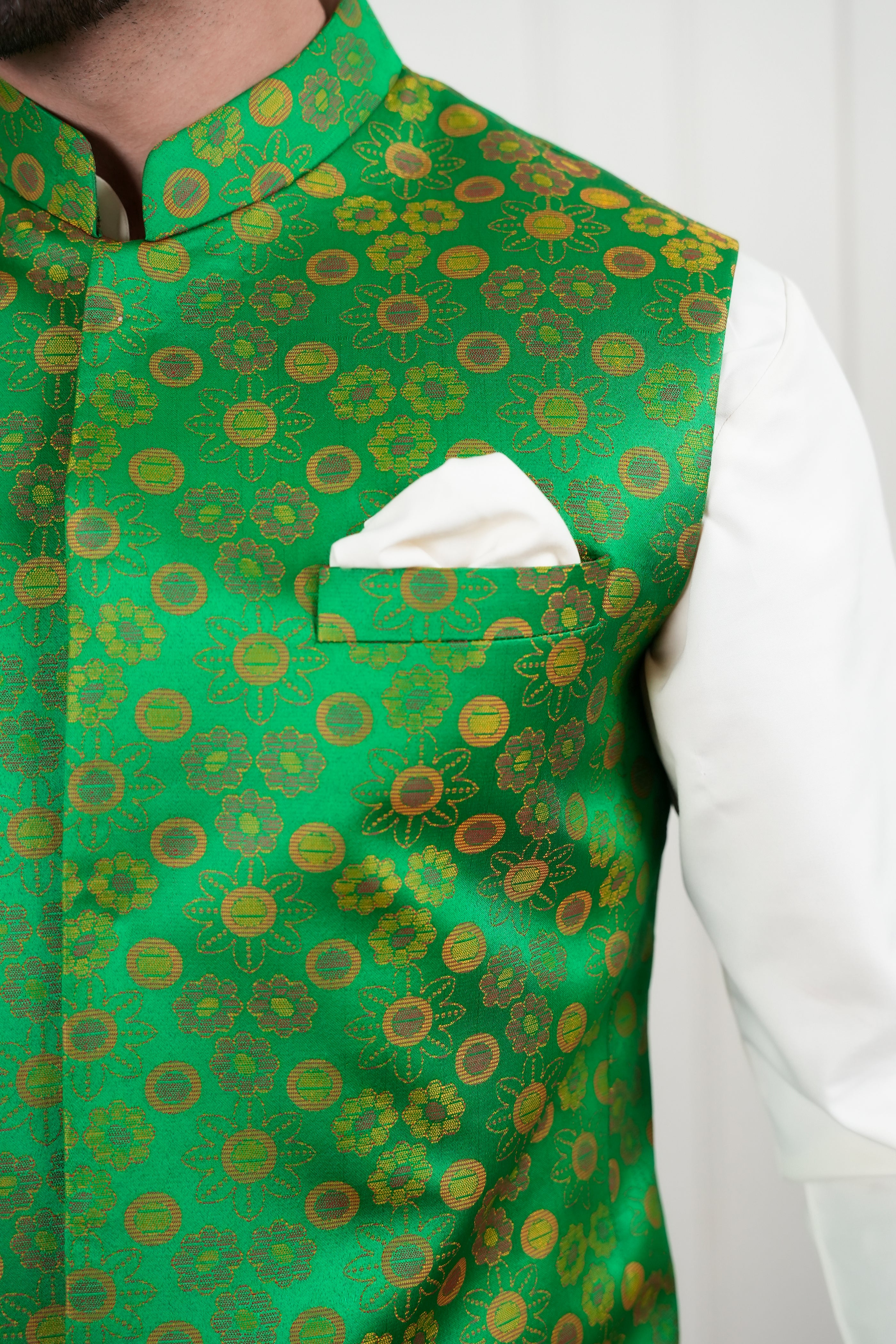 Green Woven Self-Jamawar Waistcoat Kurta (3-Piece) - Image 8