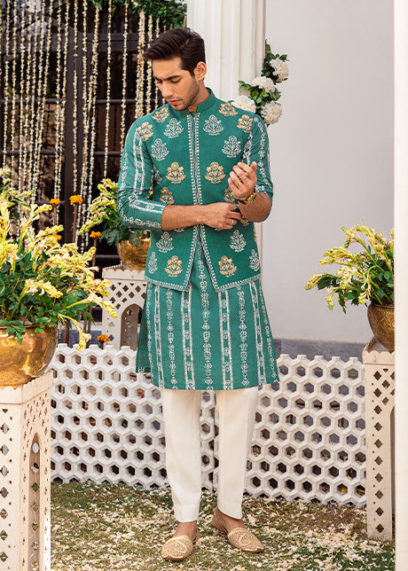 Spanish Green Block-Printed Karandi Waistcoat Kurta (3-Piece) - Image 1