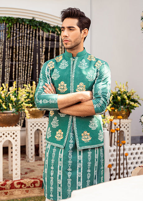 Spanish Green Block-Printed Karandi Waistcoat Kurta (3-Piece) - Image 2