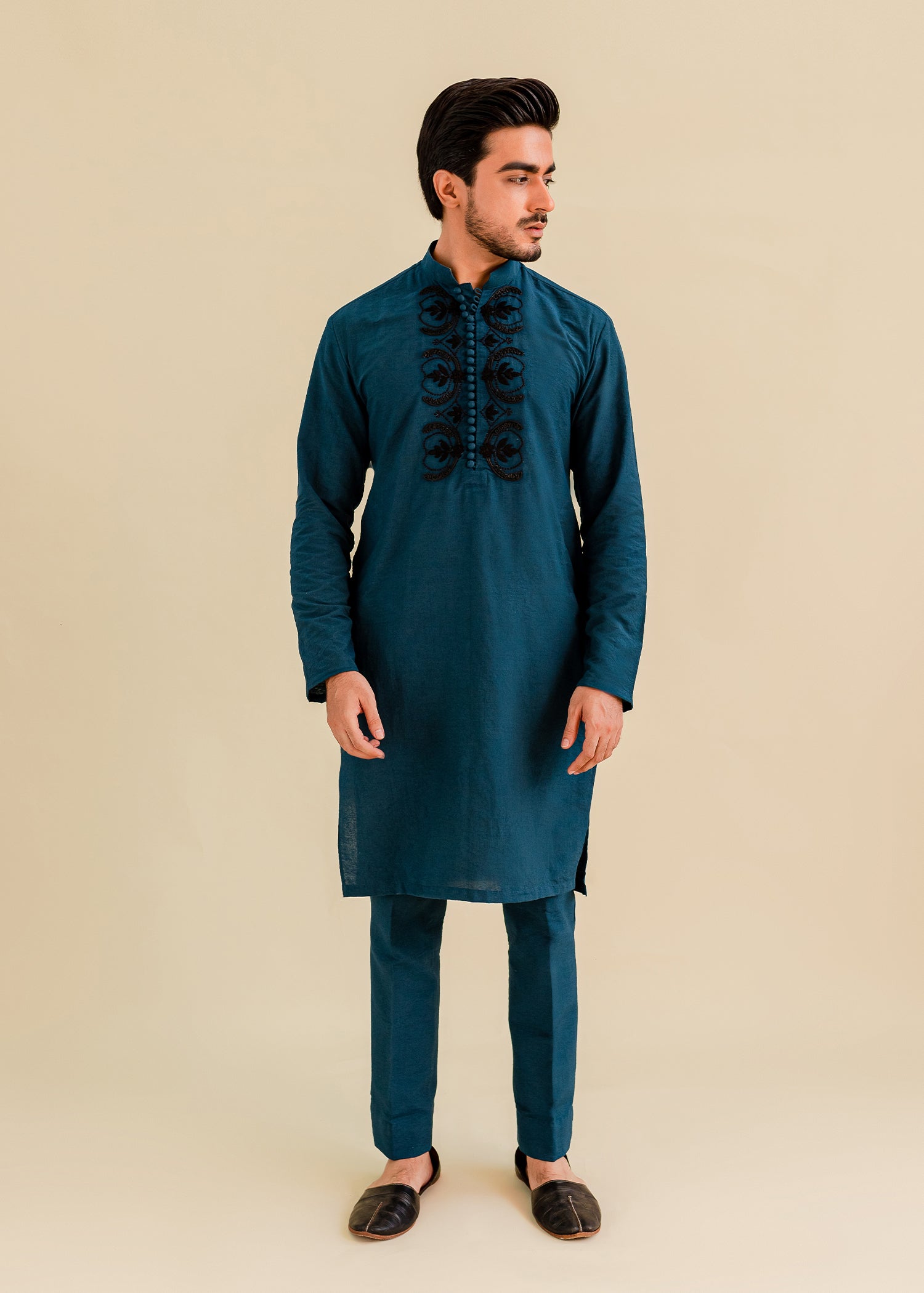 Teal Embroidered Karandi Waistcoat Kurta (3-Piece) - Image 1