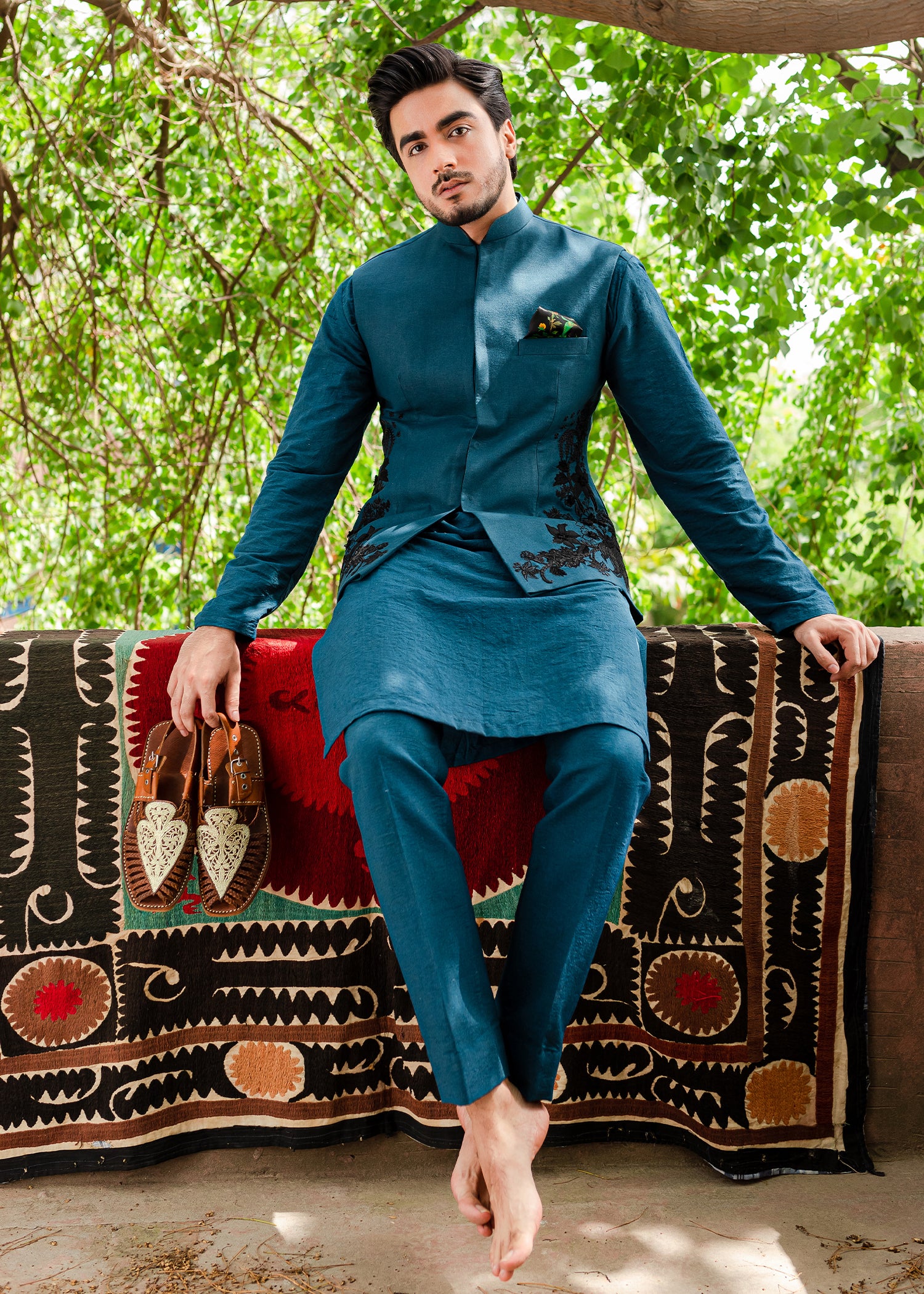 Teal Embroidered Karandi Waistcoat Kurta (3-Piece) - Image 2