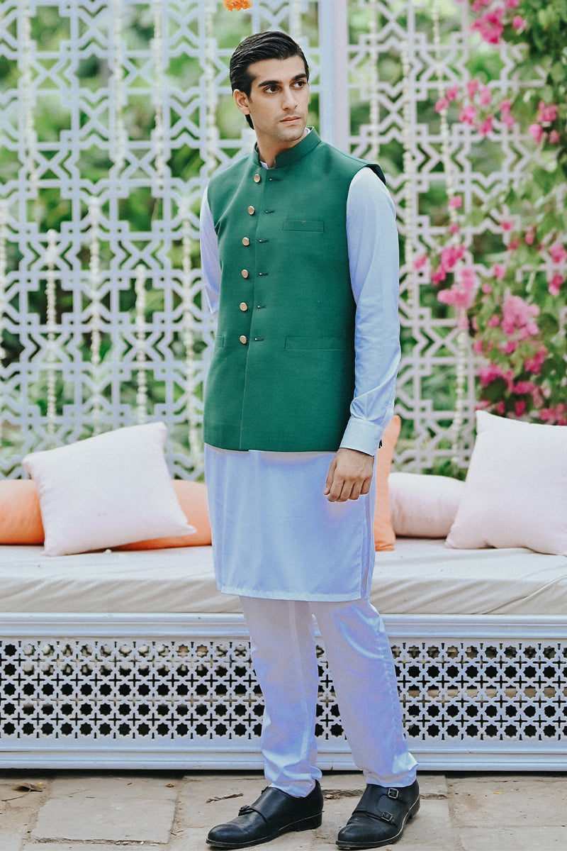 Bottle Green Katan Cotton Waistcoat (3-Piece) - Image 1