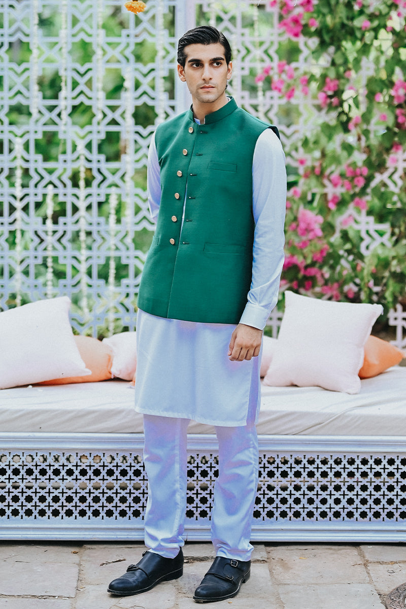 Bottle Green Katan Cotton Waistcoat (3-Piece) - Image 4