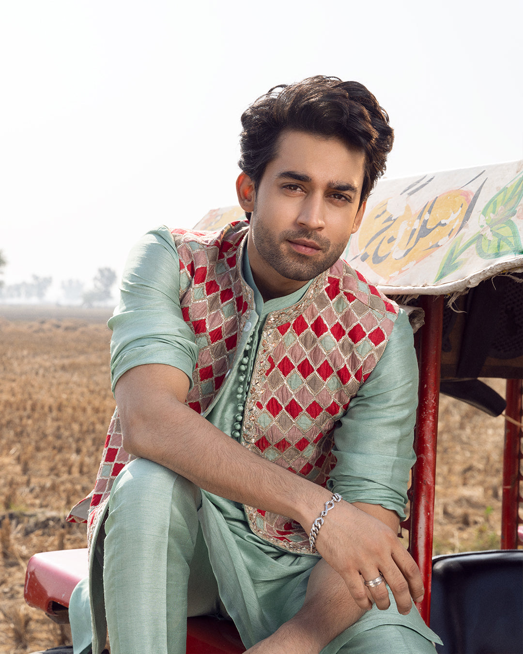 Apple Green Embroidered Silk Waistcoat Kurta Set (3-Piece) - Image 5