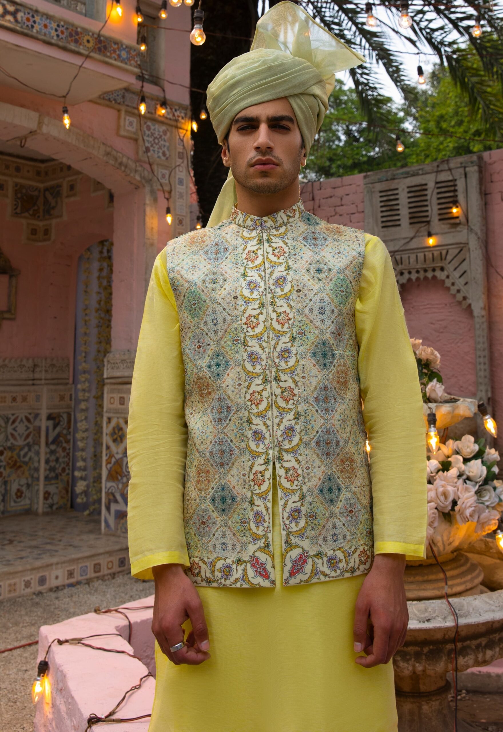 Mehendi Green Printed Waistcoat with Sequins (3-Piece) - Image 1