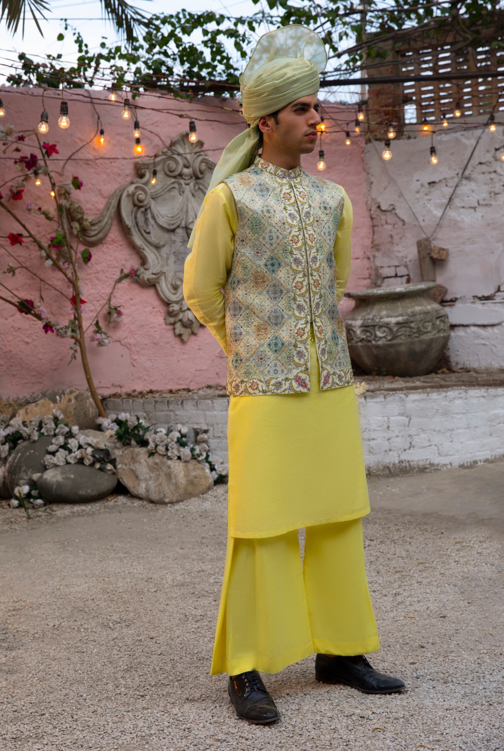 Mehendi Green Printed Waistcoat with Sequins (3-Piece) - Image 2