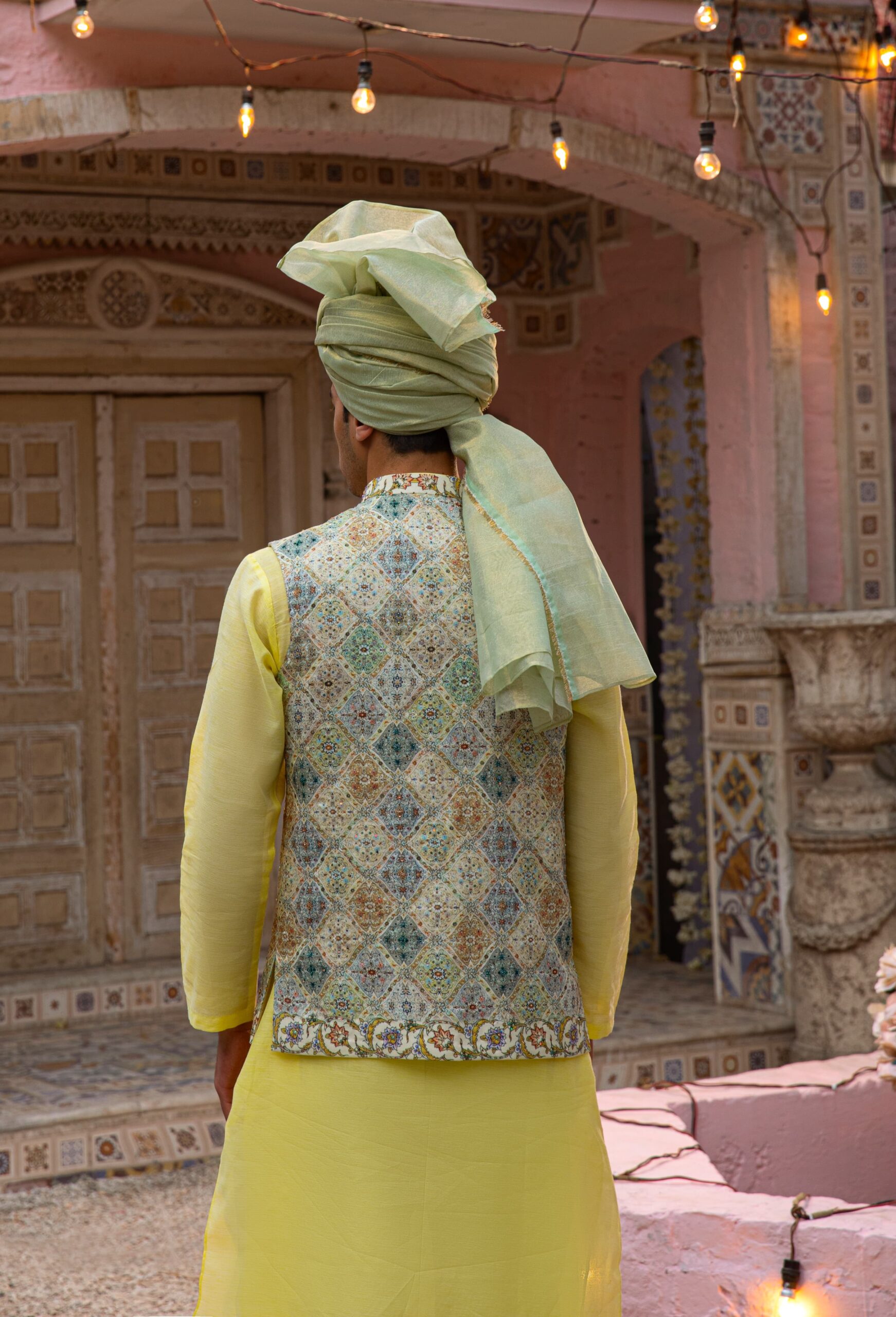 Mehendi Green Printed Waistcoat with Sequins (3-Piece) - Image 3