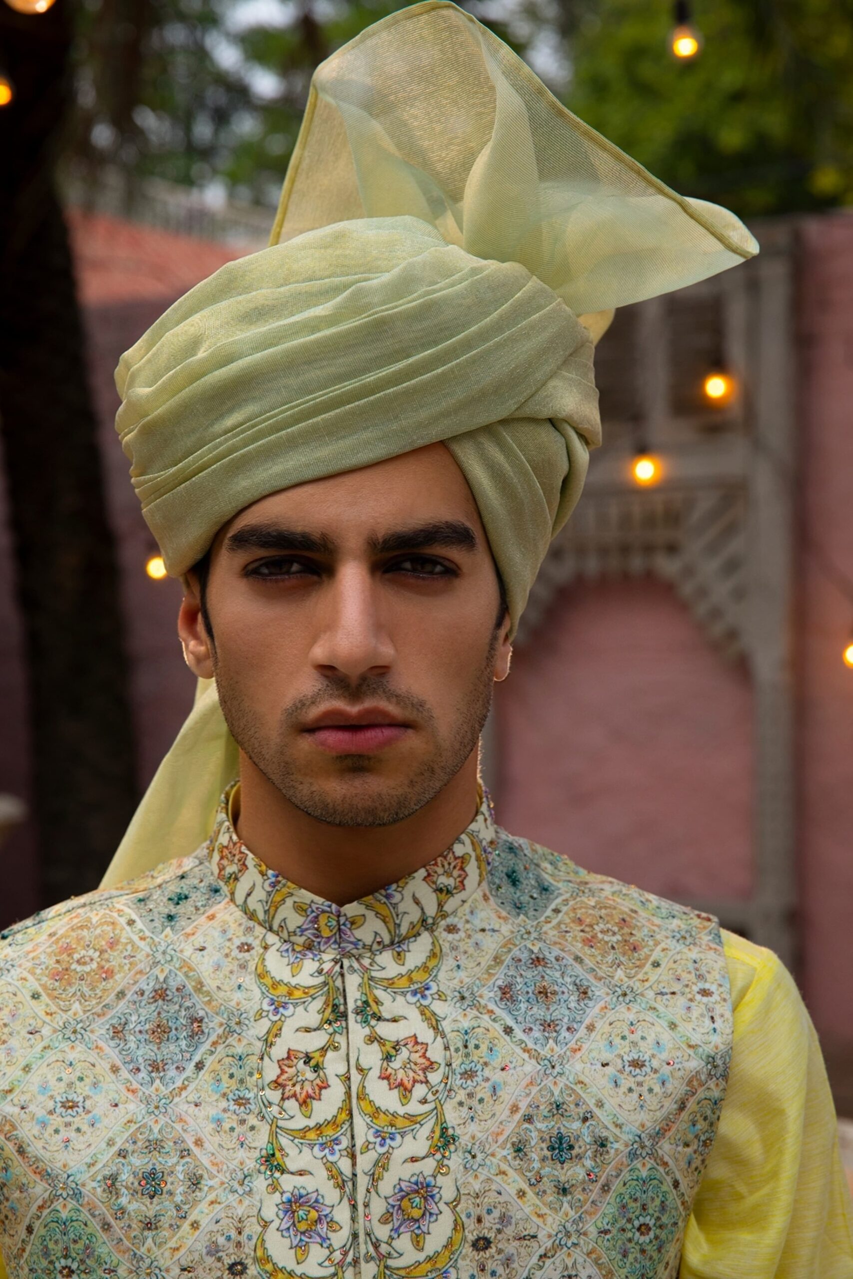 Mehendi Green Printed Waistcoat with Sequins (3-Piece) - Image 4