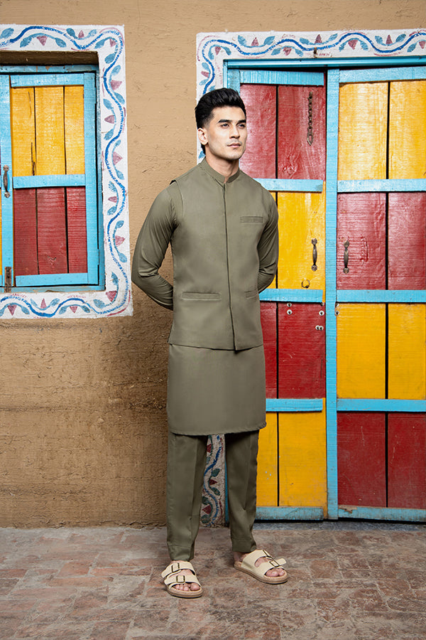 Army Green Suiting Waistcoat Kurta Set (3-Piece) - Image 1