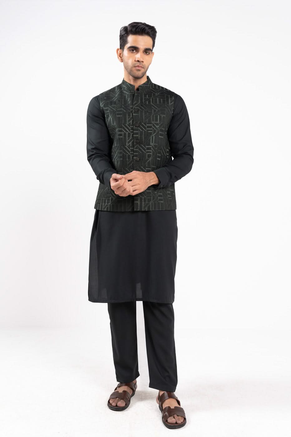 Deep Green Woven Mushroom Waistcoat Kurta (3-Piece) - Image 1